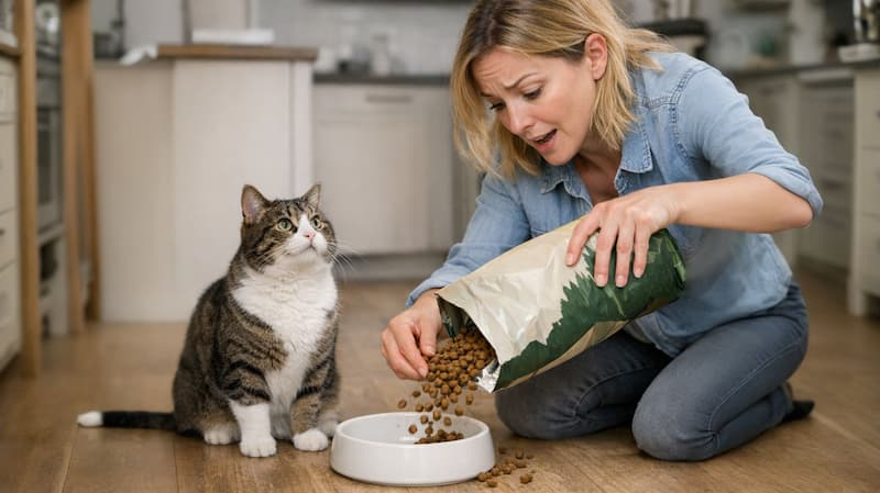 慌てて猫に餌を与える飼い主