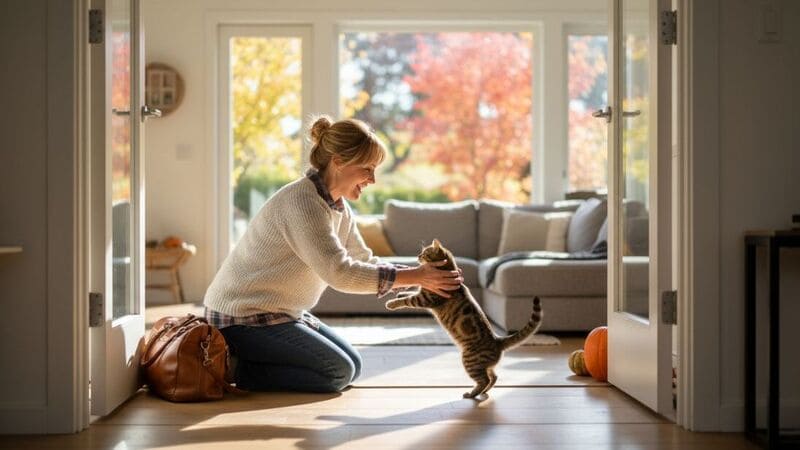 旅行から帰宅した飼い主と猫との再会